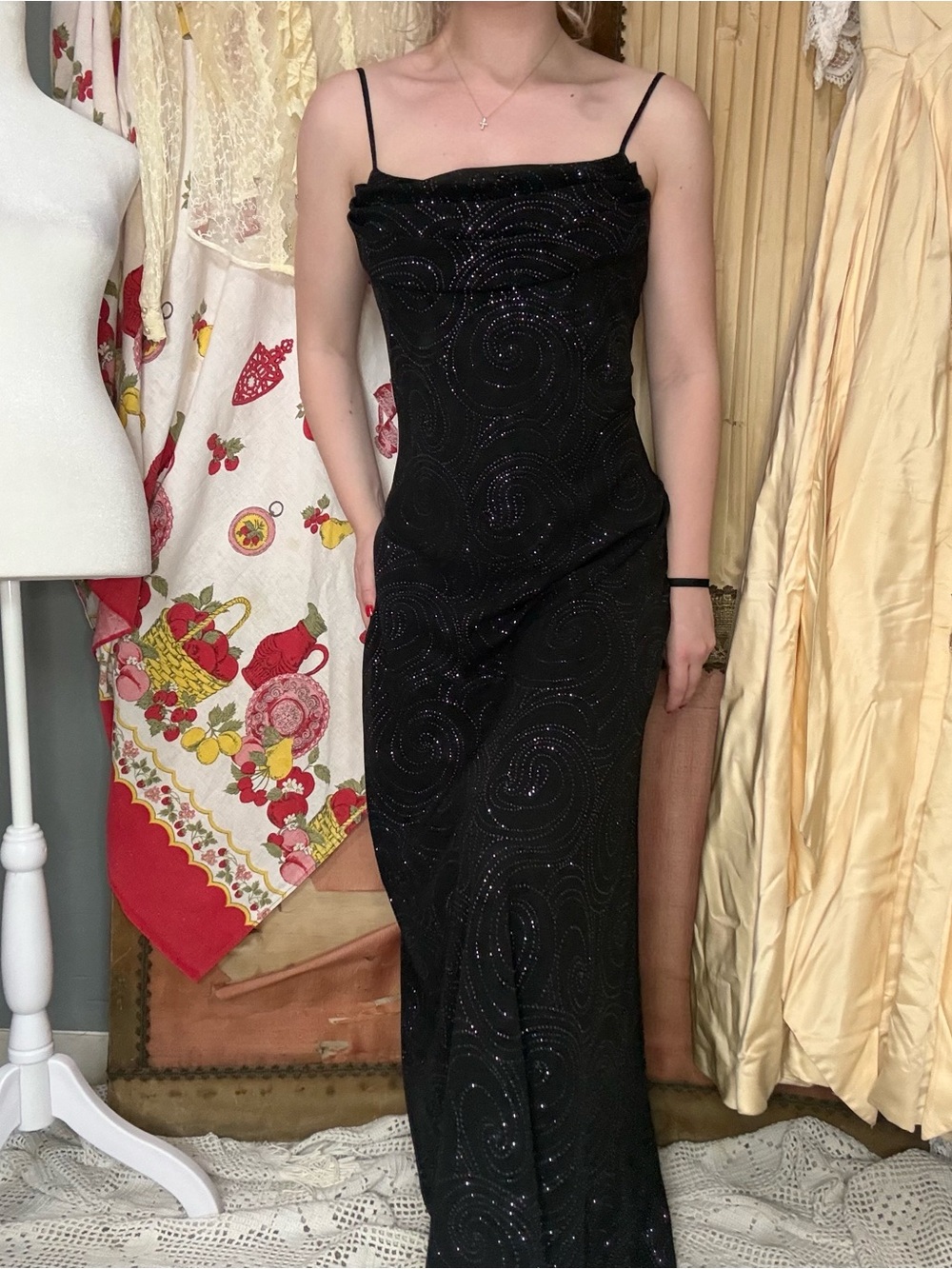Vintage 90’s Swirl Black Sparkle Evening Dress
